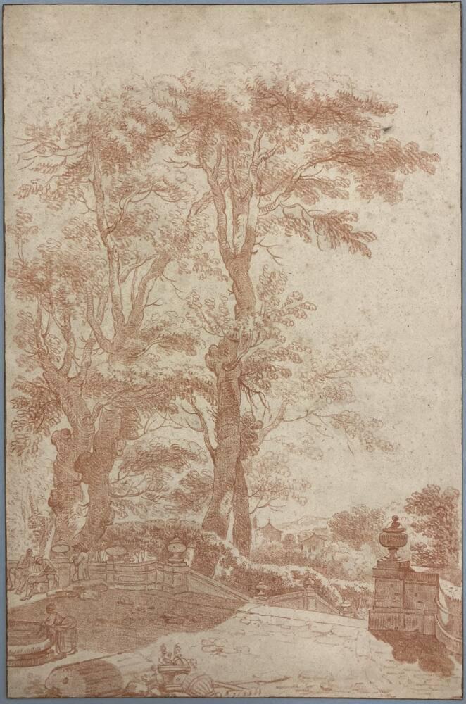 Garden Terrace With Artist Being Observed Drawing Woman Washing And A