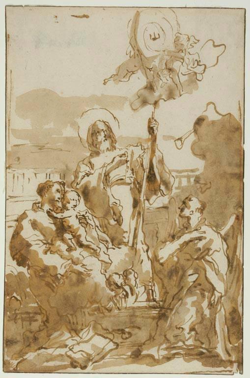 Saint Francis of Paola, Saint Anthony of Padua with the Christ Child, a Kneeling Saint with Liturgical Vestments, and Putti, Study for an Altarpiece