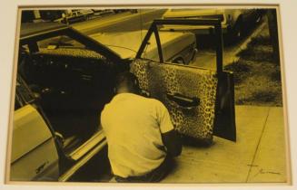 Untitled (man adhering leopard skin to car door, DC)