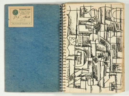 Cuaderno con cuarenta páginas de dibujos (escritos por Alpuy y un poema de Antonio Machado; bocetos de París y Dortmund, Alemania; escenas de la ciudad)