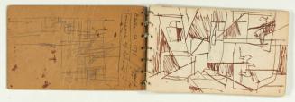Cuaderno con once páginas de dibujos (paisajes urbanos de Nueva York, figuras, escritos y dibujos para trabajos en madera incisas)
