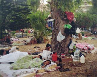Residents of the southern suburbs of Beirut, bombed from their homes in the Israeli war against Lebanon in the summer of 2006, camping in central Beirut's parks