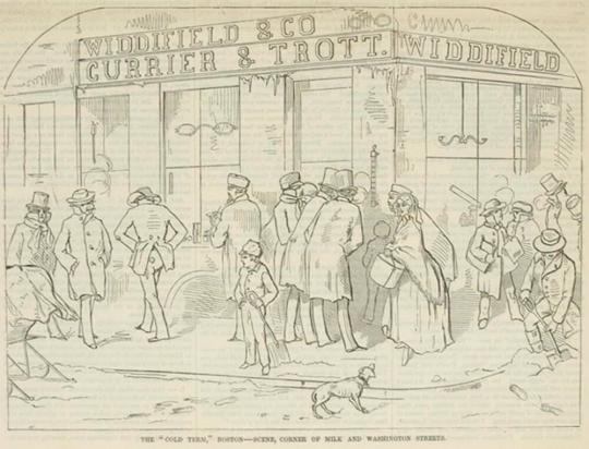 "The 'Cold Term', Boston--Scene, Corner of Milk and Washington Streets