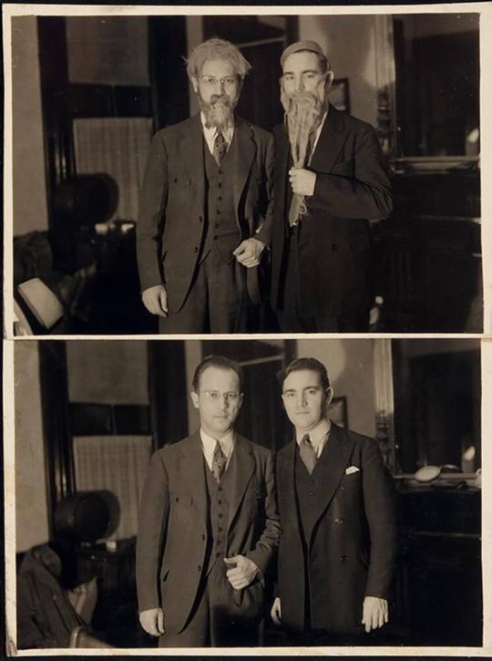 [two men dressed in costume in .A; same two men not dressed in costume in .B "Halloween 1934"]