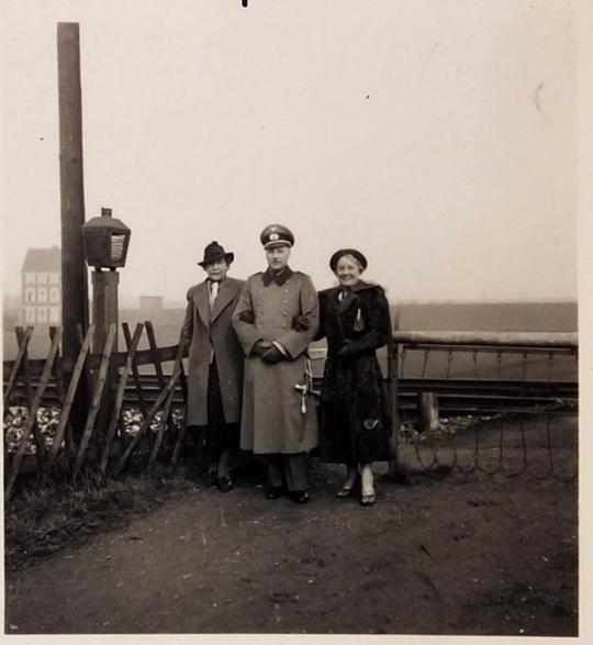 [two women and a man "Doc's Sis, nephew & niece / April '38"]