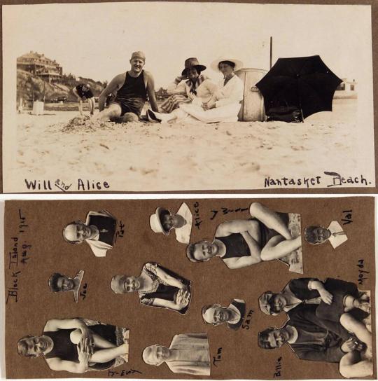 [.A- One man and two women sitting on beach with black umbrella at right "August 1917 / Will and Alice Nantasket Beach."; .B- 10 cut and pasted prints mounted to the back of the mount of .A]
