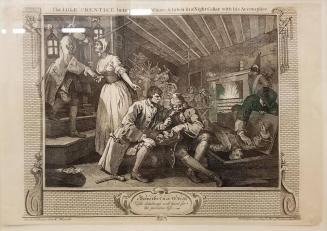 Industry and Idleness, Plate IX:  The Idle 'Prentice Betray'd by His Whore, and Taken in a Night Cellar with His Accomplice