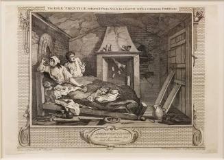 Industry and Idleness, Plate VII:  The Idle 'Prentice Return'd From Sea, and in a Garret with a Common Prostitute
