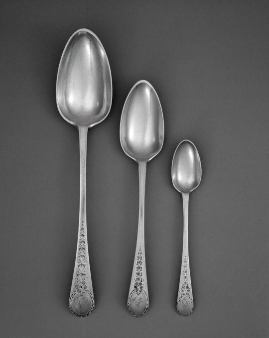 Set of spoons, comprised of 36 tablespoons, 22 dessert spoons, and 12  teaspoons, All Works