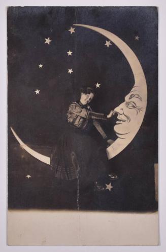 [Woman Posing with Large Paper Moon and Stars]