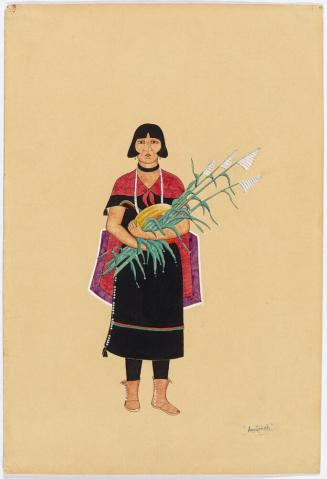 Woman Holding a Melon and Corn Stalks