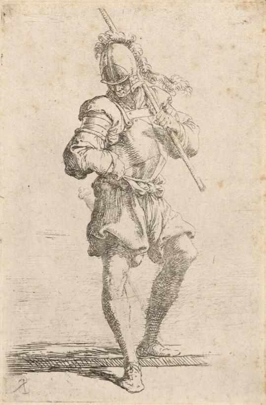 A warrior holding a staff over his shoulder and stepping off a low ledge