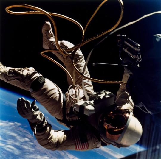 Mission: Gemini-Titan IV: Edward H. White performs the United State's first space walk which NASA refers to as an extravehicular activity (E.V.A.)...