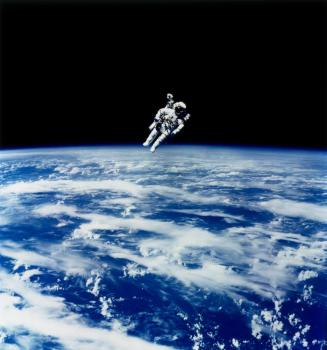 Mission: Space Shuttle 41-B, Challenger: Bruce McCandless making the first untethered space walk with the manned maneuvering unit (M. M. U.)