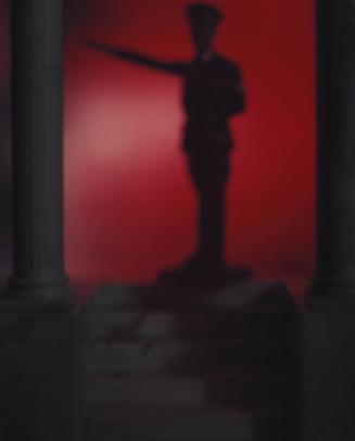 Untitled [Saluting figure, red, between columns]