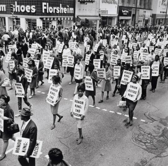 Marchers on Main Street. Marchers on Main Street in Memphis after the assassination of Dr. King. Memphis, Tennessee.