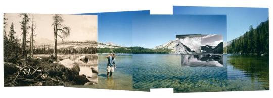 Four views from four times and one shoreline, Lake Tenaya. Left to right: Eadweard Muybridge, 1872; Ansel Adams, c. 1942; Edward Weston, 1937. Back Panels: Swatting high-country mosquitoes, 2002.