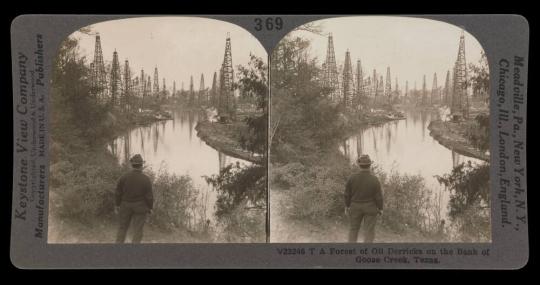 A Forest of Oil Derricks on the Bank of Goose Creek, Texas.