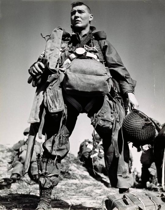 American paratrooper with Mohawk-style haircut for luck and esprit de corps, Arras, France