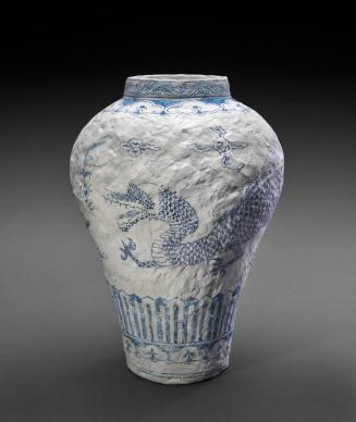 Jar: White Porcelain with Spinosaurus Design in Underglaze Cobalt-blue