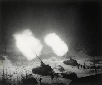 Personnel of Battery B, 937th Field Artillery Battalion, US 8th Army, Attached To The IX US Corps, Fire Their Long Toms On Communist Targets in Support of Elements of the 25th US Infantry Division on the West Central Front, Near the Village of Nunema, Korea