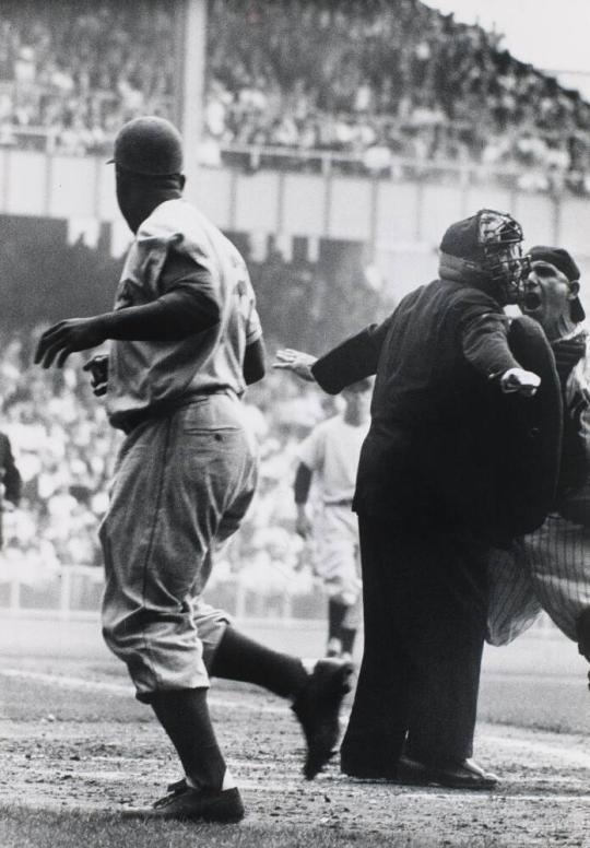 Jackie robinson stealing home Yogi Berra catcher in 1st game 1955