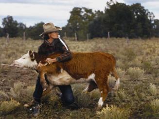 Ruth Leonard secures a calf in her pasture