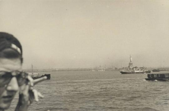 [water with Statue of Liberty in background and woman's face in foreground on left]