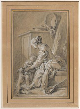 Tendresse maternelle (Jeune Femme Assise sur un tonneau avec un petit garçon et un chien) (Maternal Tenderness)