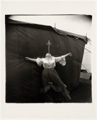 Albino sword swallower at a carnival, Md. 1970