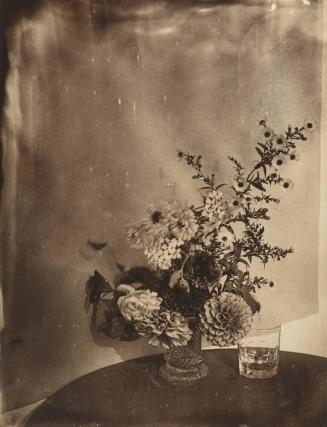 Vase of Flowers (Pinks, Dahlias, and Asters) and Empty Glass