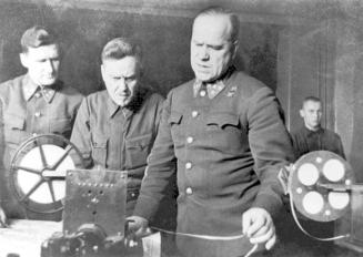 The Battle of Moscow. Headquarters of the Western Front. From right to left: Front commander army general Georgy Zhukov, member of the military council of the Front; Nikolay Bulganin, Chief of staff of the Front; lieutenant general Vasily Sokolovsky