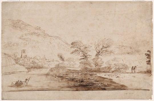 River Landscape with Figures in a Boat and Two Travelers in the Distance