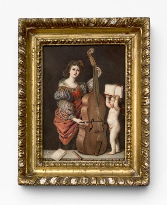 Portrait of Saint Cecilia Playing a Bass Viol with a Cherub Holding Music