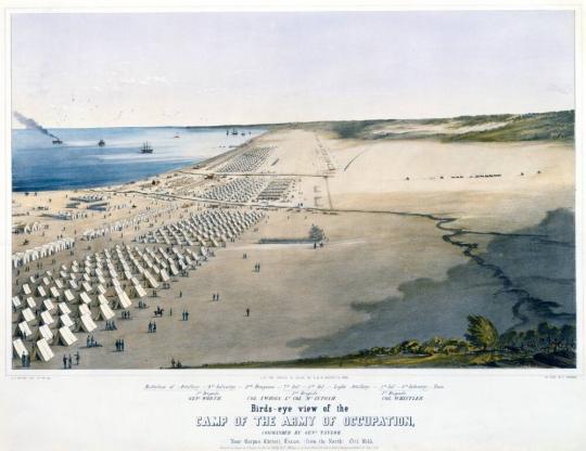 Birds-Eye View of the Camp of the Army of Occupation, Commanded by Genl. Taylor. Near Corpus Christi, Texas, (From the North) Oct. 1845.