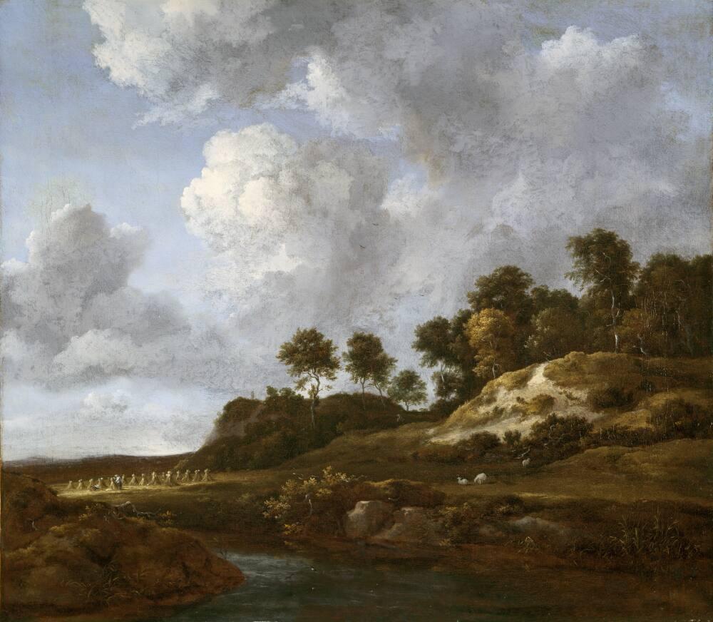 A Boy Fishing in a Wooded River Landscape