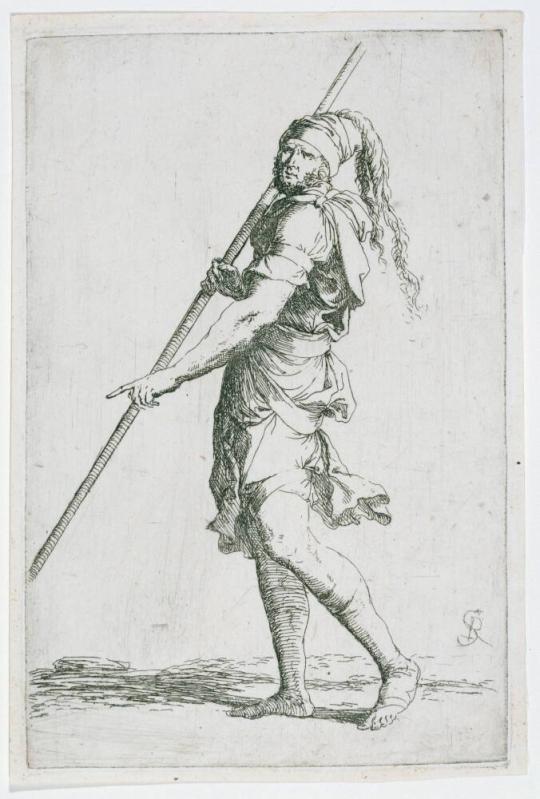 A Walking Warrior Carrying a Long Staff over His Shoulder