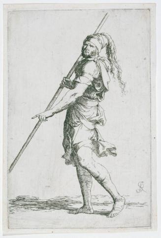 A Walking Warrior Carrying a Long Staff over His Shoulder