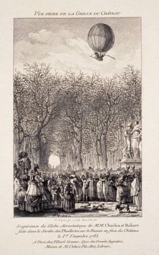 Expérience du Globe Aerostatique de MM. Charles et Robert faite dans le Jardin des Thuilleries sur le bassin en face du Château le ler Decembre 1783