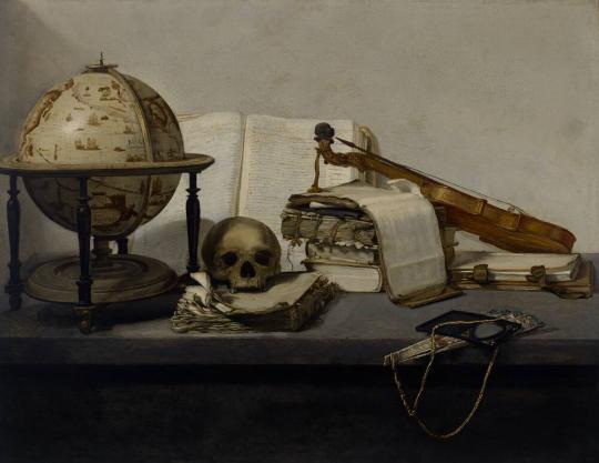 Vanitas Still Life with Books, a Globe, a Skull, a Violin, and a Fan