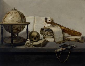 Vanitas Still Life with Books, a Globe, a Skull, a Violin, and a Fan