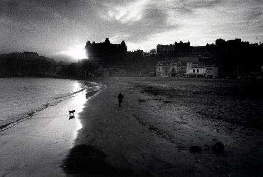 Woman and dog on winter afternoon, Scarborough