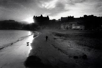 Woman and dog on winter afternoon, Scarborough