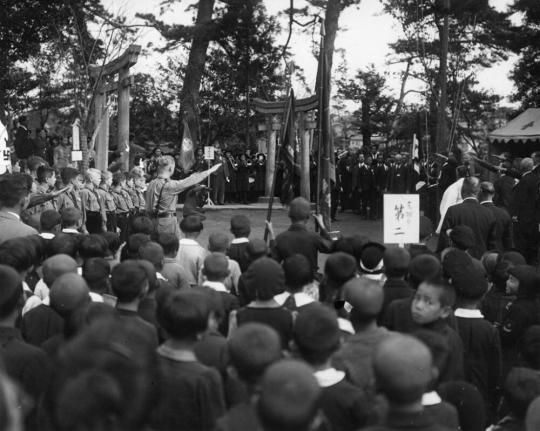 Untitled (German, Italian and Japanese Boy Scouts gathered at the Hachiman Shrine near the Tama River in order to celebrate the first anniversary of Italy's entry into the Anti-Comintern Pact with Germany and Japan)