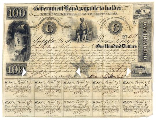 Original $100. Government Bond, Republic of Texas