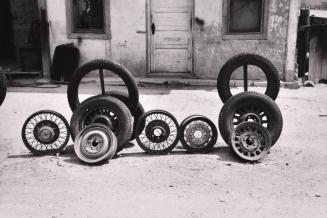 Display of automobile tires and wheels, Deming, New Mexico