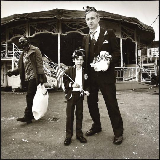 Portrait of Father and Son with Hats and Flag, Coney Island