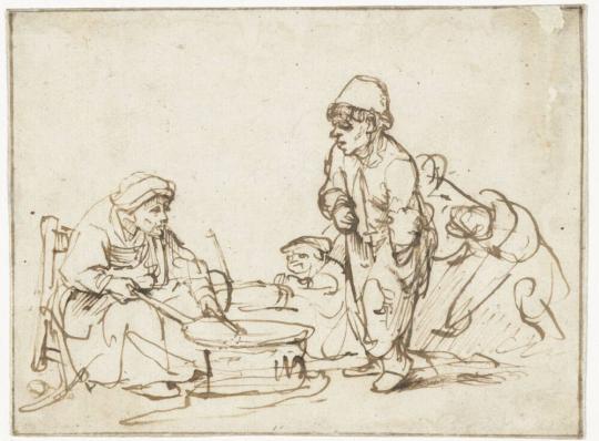 Fig. 35.1. Rembrandt van Rijn, The Pancake Maker, c. 1635, pen and brown ink; framing line in b ...