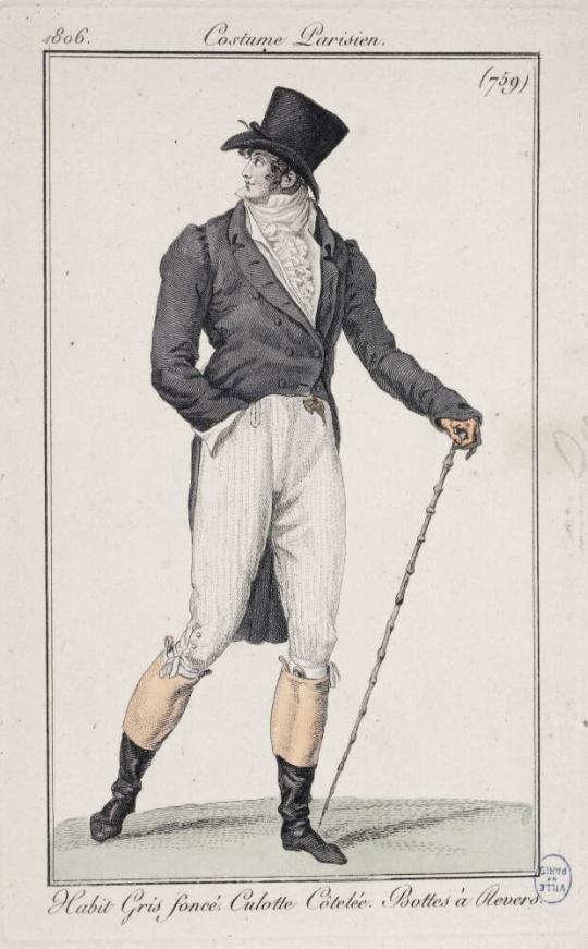 Fig. 50.2. Costume Parisien, Habit Gris foncé, Culotte Cotelée, Bottes à Revers, 1806, pl. 759.