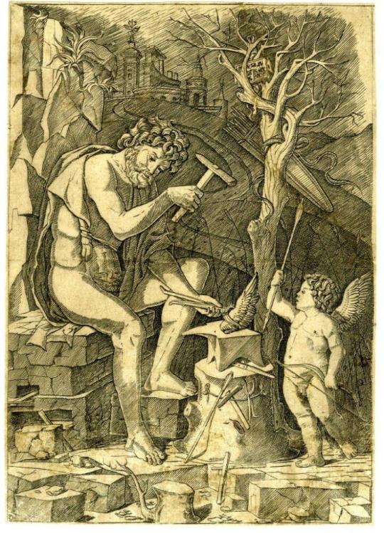 Fig. 59.1. Nicoletto da Modena, Vulcan Forging the Wings of Cupid, engraving, British Museum, L ...
